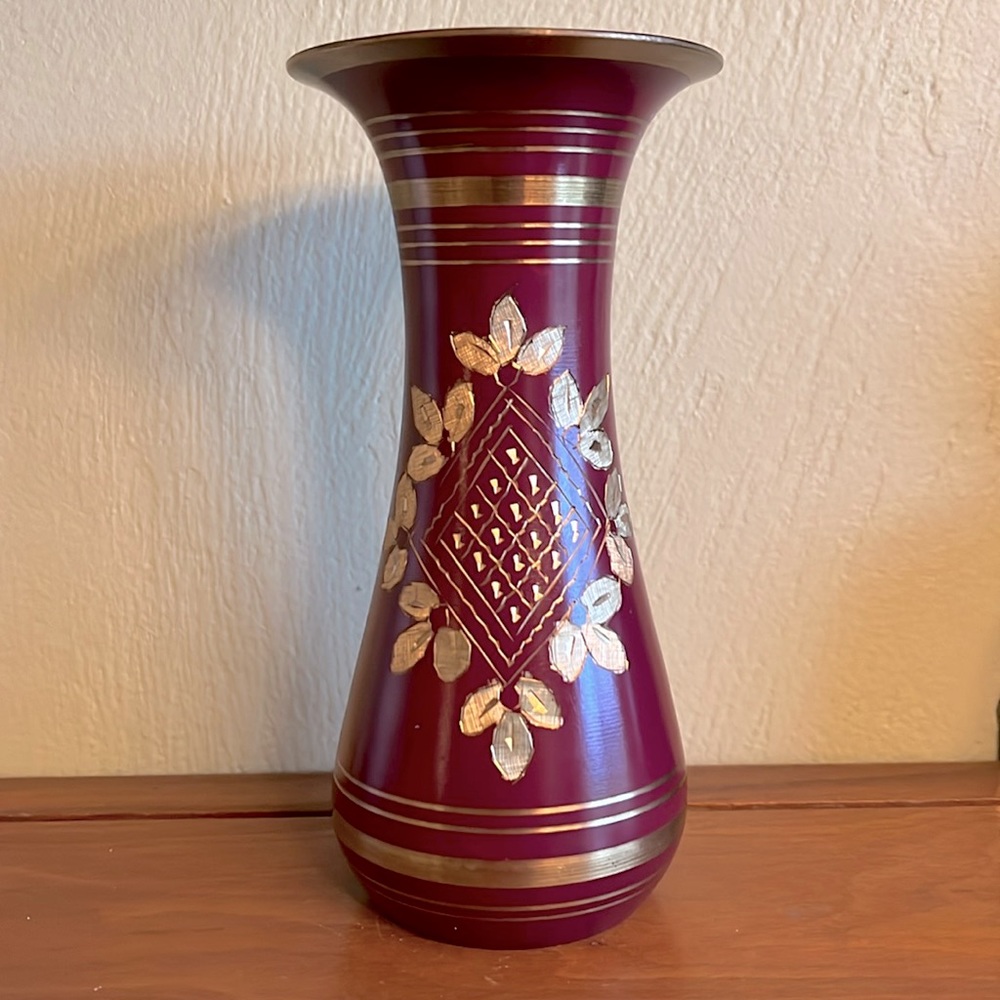 Vintage gold etched inlay burgundy red metal vase